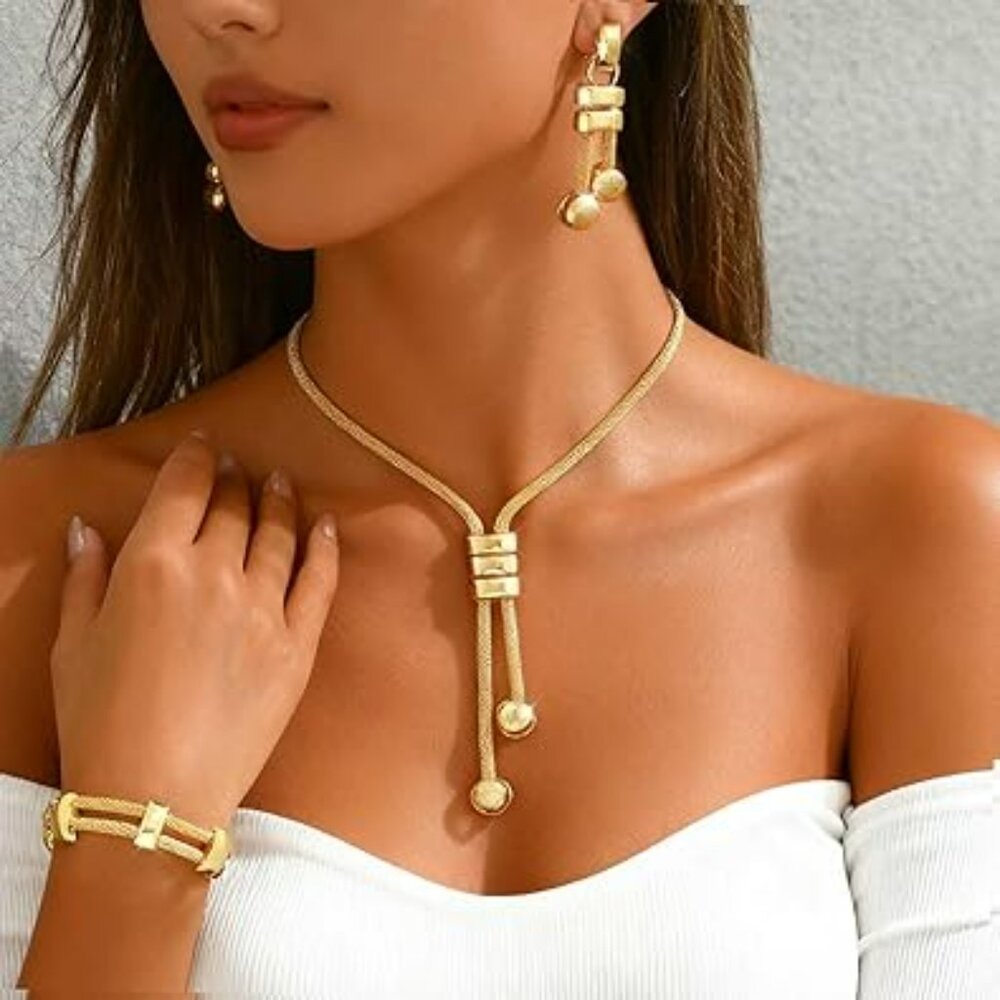 Long Choker Necklace Set‎ Punk Gold Necklace Earrings Bracelet 3 pc Fashion